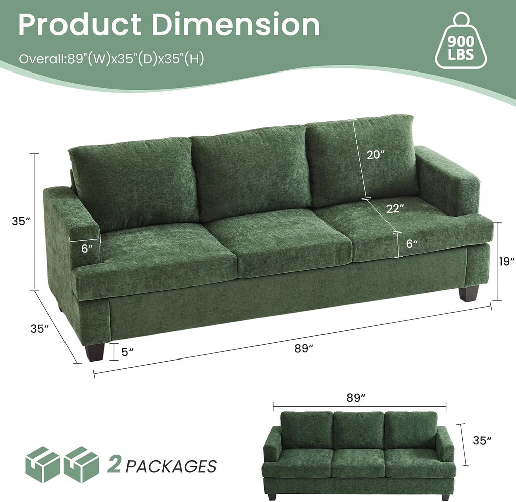 YOUDENOVA 2 Piece Set Comfy Sofa Couch, 3 Seater & Loveseat Sofa with Deep Seats, Modern Sleeper Couch for Living Room, Green Chenille