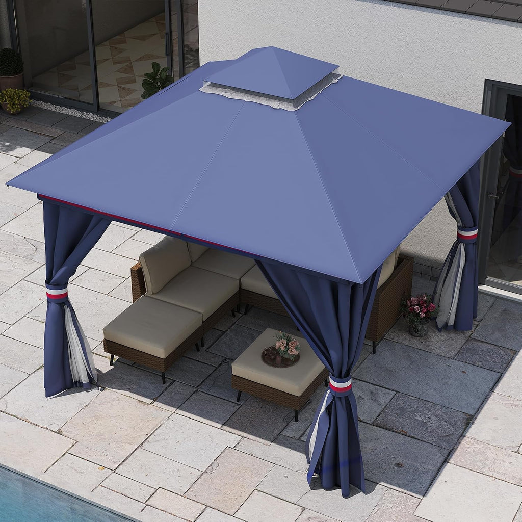 LAUSAINT HOME Gazebo 10x10ft, Heavy Duty Patio Gazebo with Expansion Bolts, Party Canopy Tent with Double Roofs, Mosquito Nettings and Privacy Screens for Backyard, Garden, Lawn, Classic Blue
