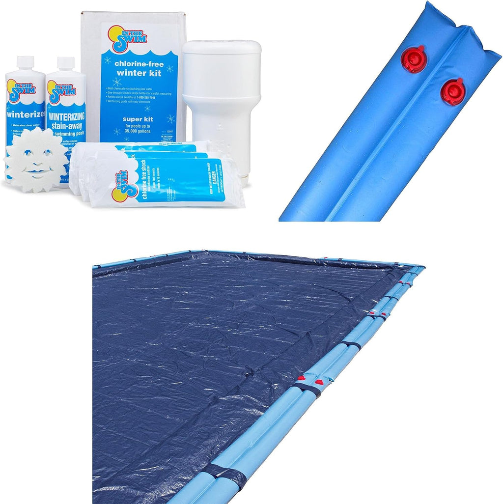 In The Swim Swimming Pool Winterization Bundle: Includes a 20'x40' Rectangle Economy Swimming Pool Winter Cover, 35k Gallon Pool Winter Closing Kit, and 12 Double Chamber 10' Water Tubes