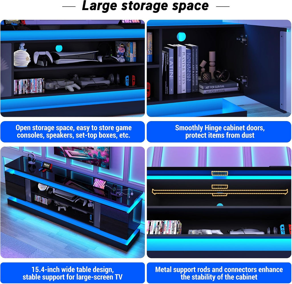 chartustriable 81IN LED TV Stands w/Power Outlet for 90/80/75 Inch TVs,High Glossy Modern Tall Entertainment Center TV Media Console Gaming with 2 Storage Cabinets,Dual LED Lights,Black