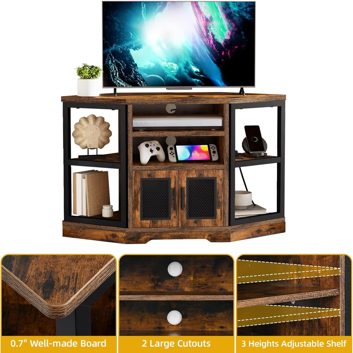 DWVO Farmhouse Corner TV Stand for Living Room, TV Stand for 50 Inch TV, Entertainment Center with Storage and Power Outlet, TV Console Cabinet, Rustic Brown