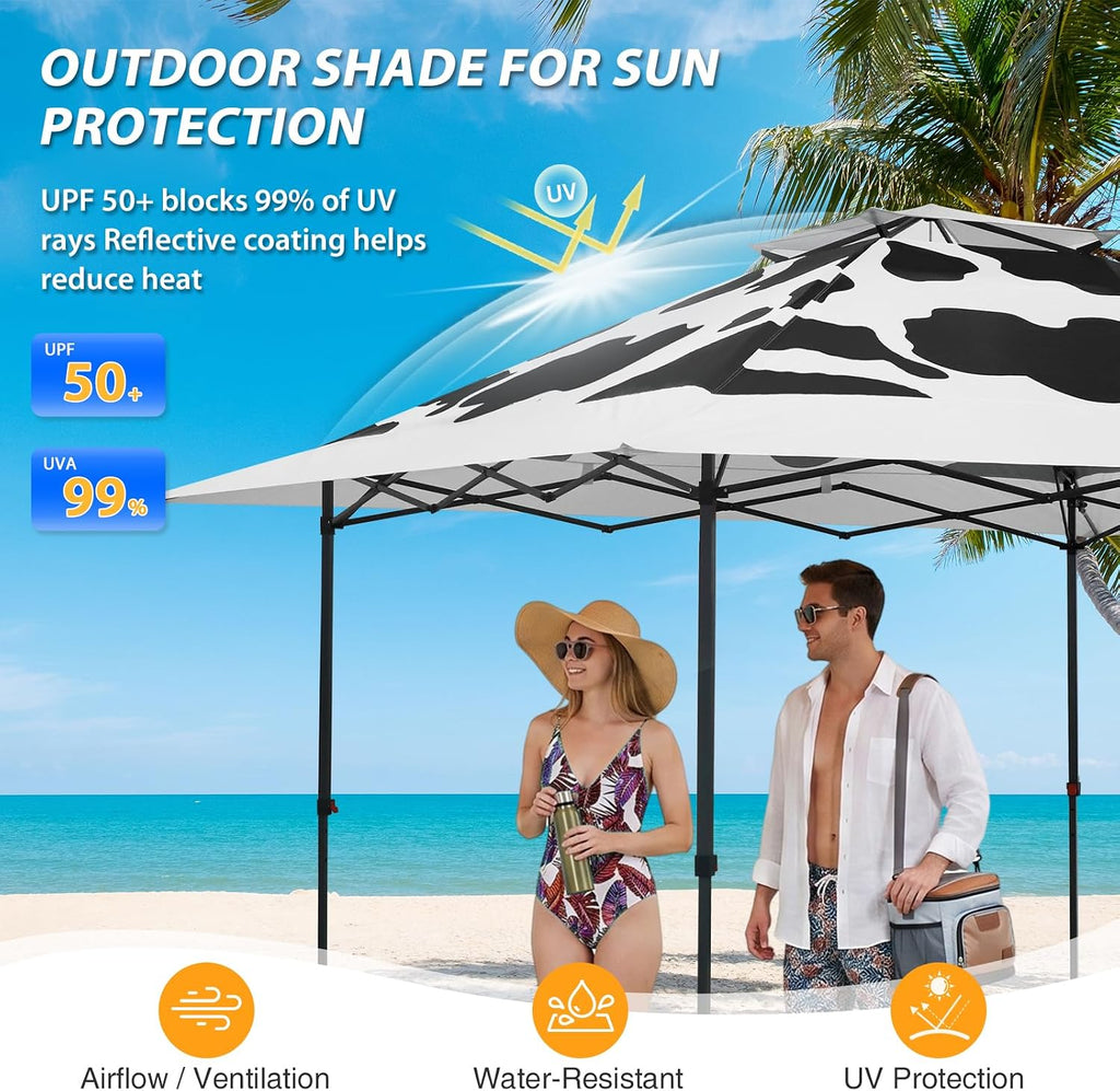 EAGLE PEAK 13x13 Straight Leg Pop Up Canopy Tent Instant Outdoor Canopy Easy Single Person Set up Folding Shelter w/Auto Extending Eaves 169 Square Feet of Shade (Cow Print)