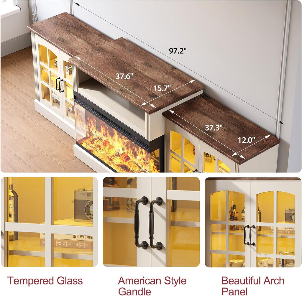 97' Fireplace TV Stand with 36' Electric Fireplace, Farmhouse Entertainment Center for TVs up to 100', Media Console Table with Large Storage Cabinets, for Living Room, White