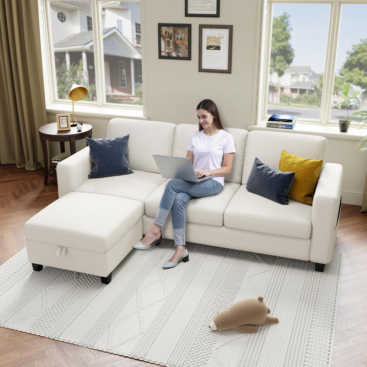Youmumeub Sectional Couches for Living Room - Convertible Sofa and Storage Bench,79''Modern Corner Configuration,Suitable for Living Room, Apartment, Bedroom and Office-Beige
