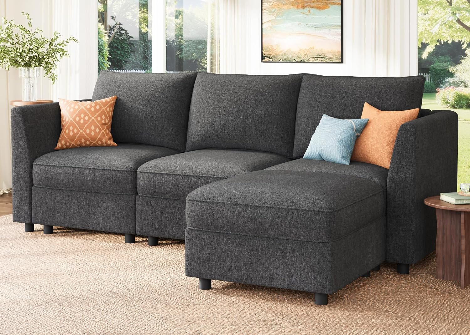 HONBAY Modular Sectional Sofa with Storage L Shaped Sectional Sofa, Convertible Couches for Living Room - Snowflake Velvet Grey