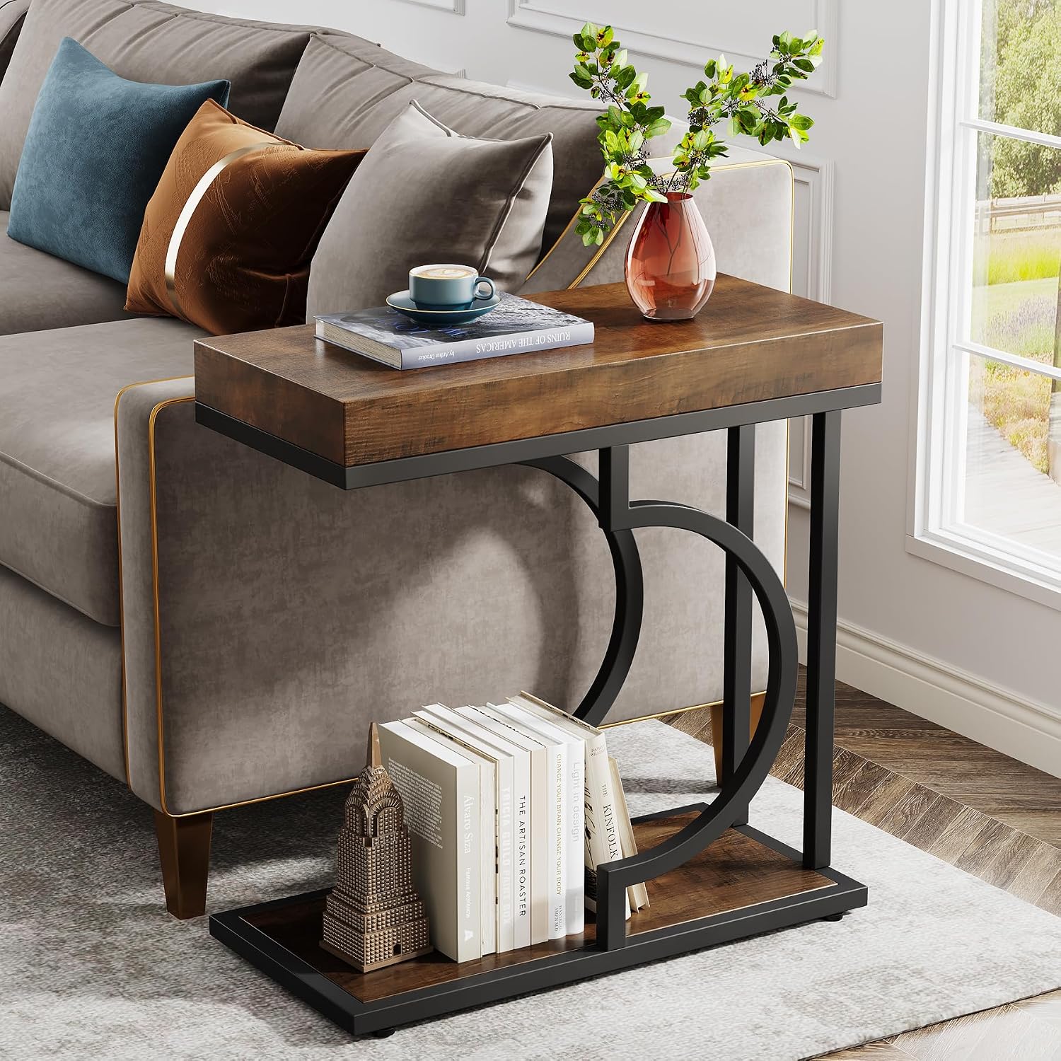 Tribesigns Narrow Side Table Set of 2, C Shaped End Table for Couch, Modern Bedside Tables with Metal Frame, Small Sofa Tables for Small Spaces, Living Room (2, Brown+Black)