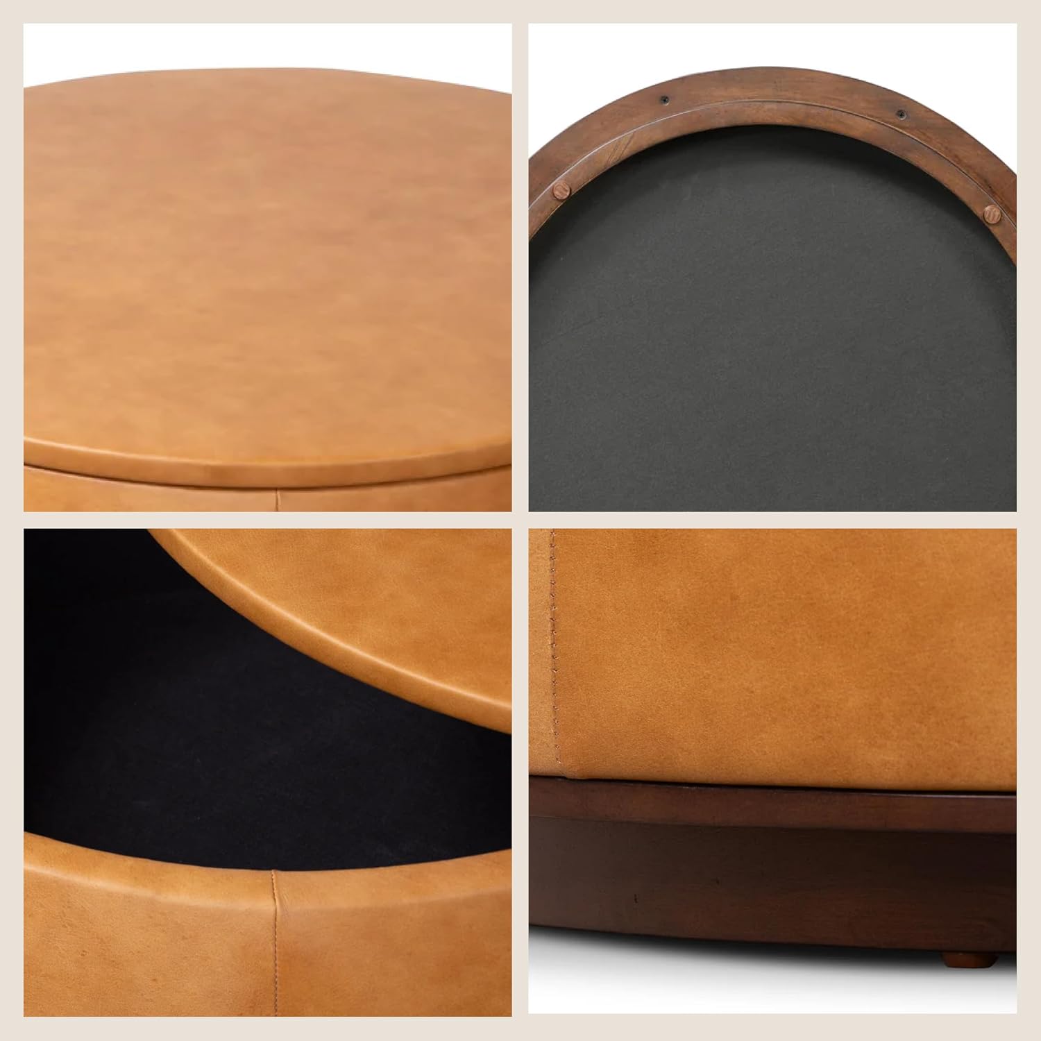 Poly & BARK Herve Storage Ottoman – Round Italian Full-Grain Leather Ottoman with Hidden Storage – Solid Wood Base in Walnut Finish – Cognac Tan