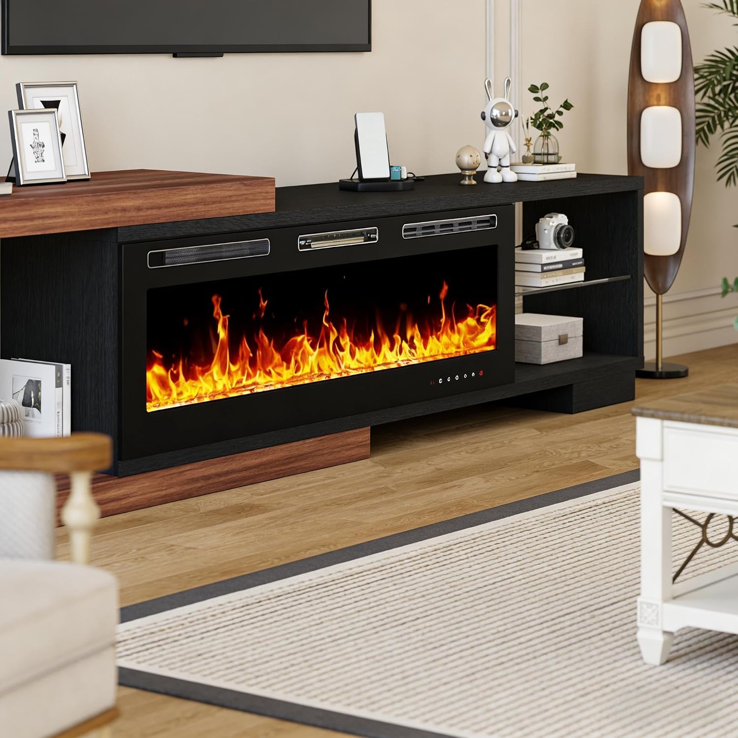 Extendable TV Stand with 50' Electric Fireplace, 71'-116' Long TV Console for Up to 120 Inch TV, Modern LED Entertainment Center with Glass Shelf for Living Room Bedroom, Black & Walnut