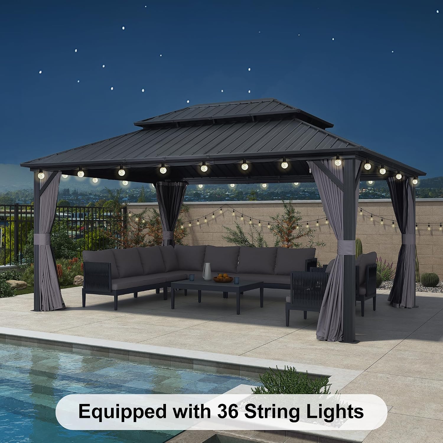 PURPLE LEAF 12'x16' Hardtop Gazebo with Lights Permanent Aluminum Double Roof on Galvanized Steel Frame Outdoor Patio Gazebo Including Netting and Curtains for Backyard Lawn Garden Grey