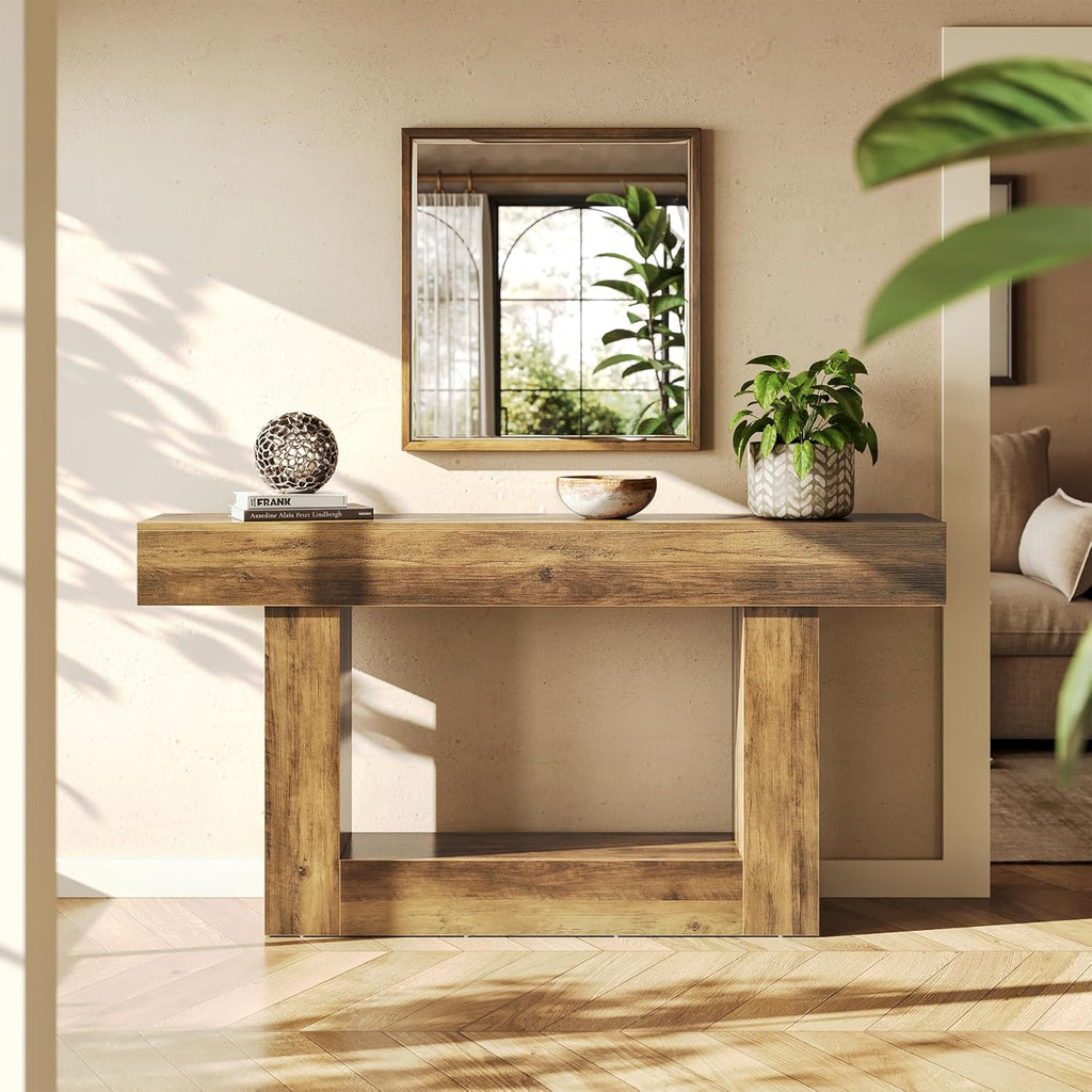 LITTLE TREE 63 Inches Long Console Table, 2-Tier Farmhouse Sofa Table Behind Couch, Large Narrow Entryway Table for Living Room, Wooden Hallway Foyer Table with Heavy Duty Base, Rustic Brown