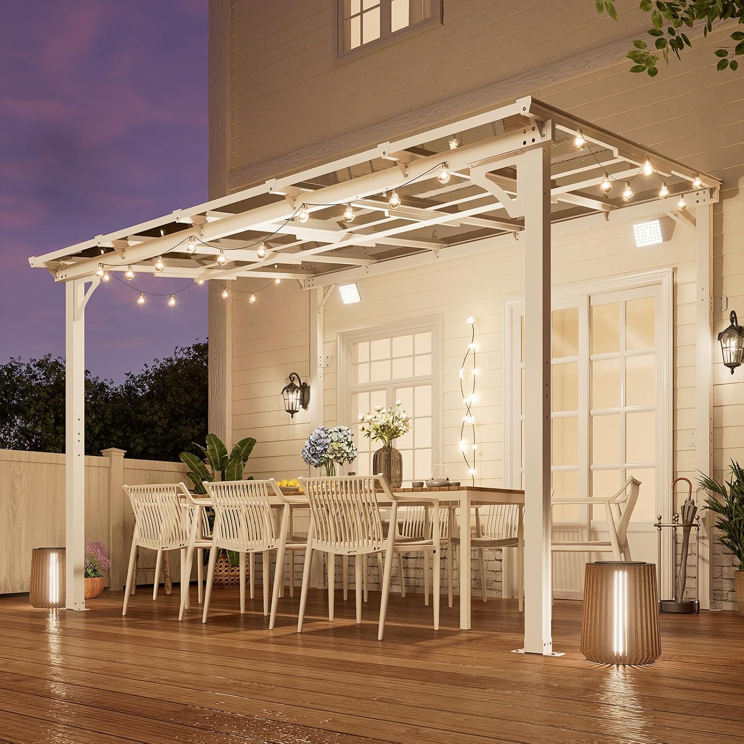MEISSALIVVE 8' x 10' Wall Mounted Lean to Metal Awnings with Sloped Roof, Outdoor Patio Gazebo Awning for Backyard, Deck, White