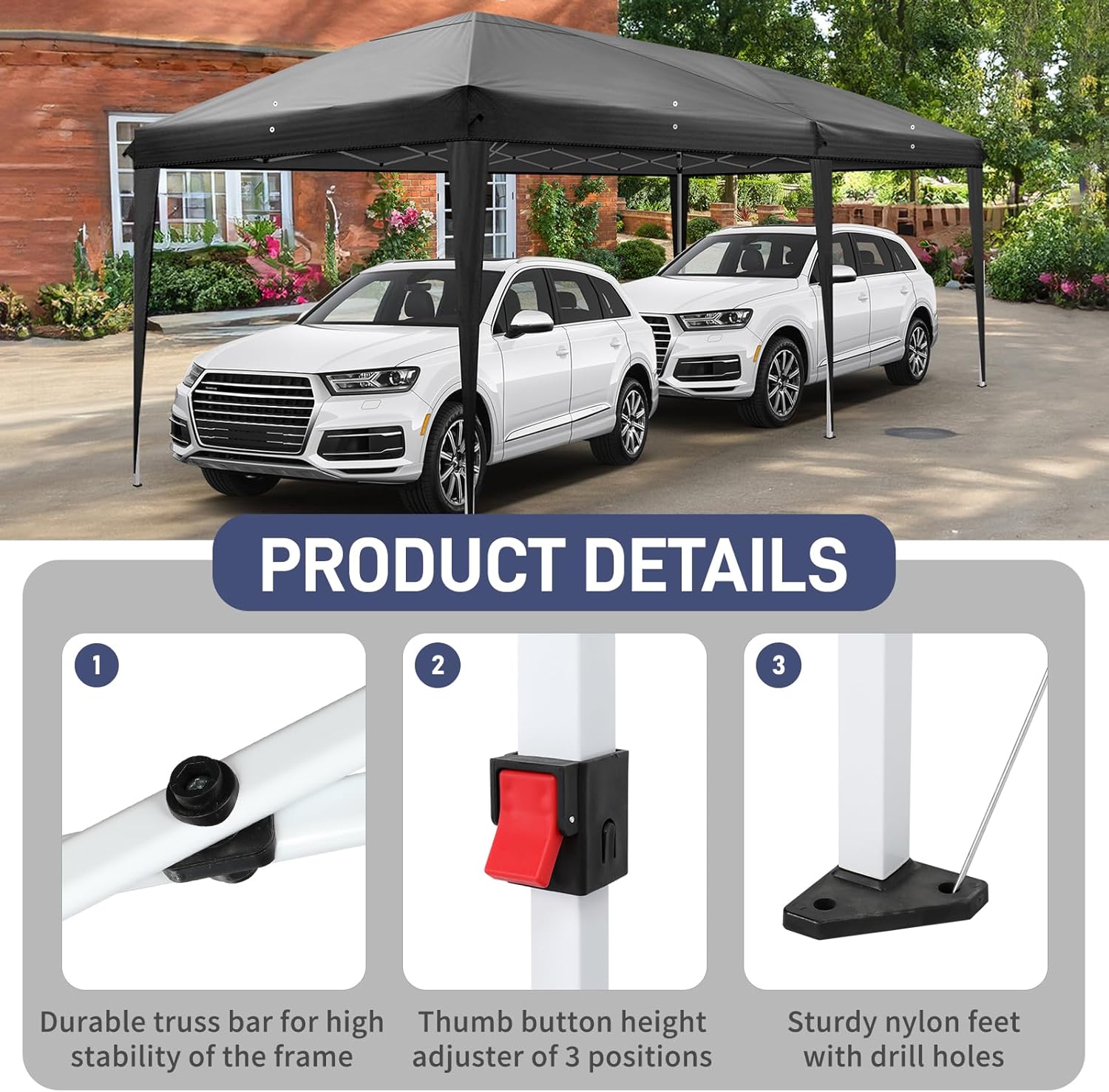 VINGLI 10x20 Pop Up Canopy Tent, Outdoor Tent Canopies Foldable Portable Canopies for Camping, Patio, Parties, EZ Up Gazebo Canopy with Carry Bag, Carpas para Patio (Black)