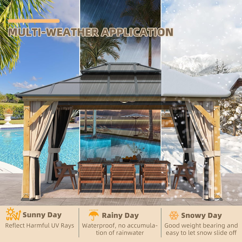 YOLENY 12'x14' Hardtop Wood Outdoor Gazebo, Polycarbonate Double Roof, Netting and Curtains, Patio Gazebo for Decks, Backyards, Lawns and Gardens