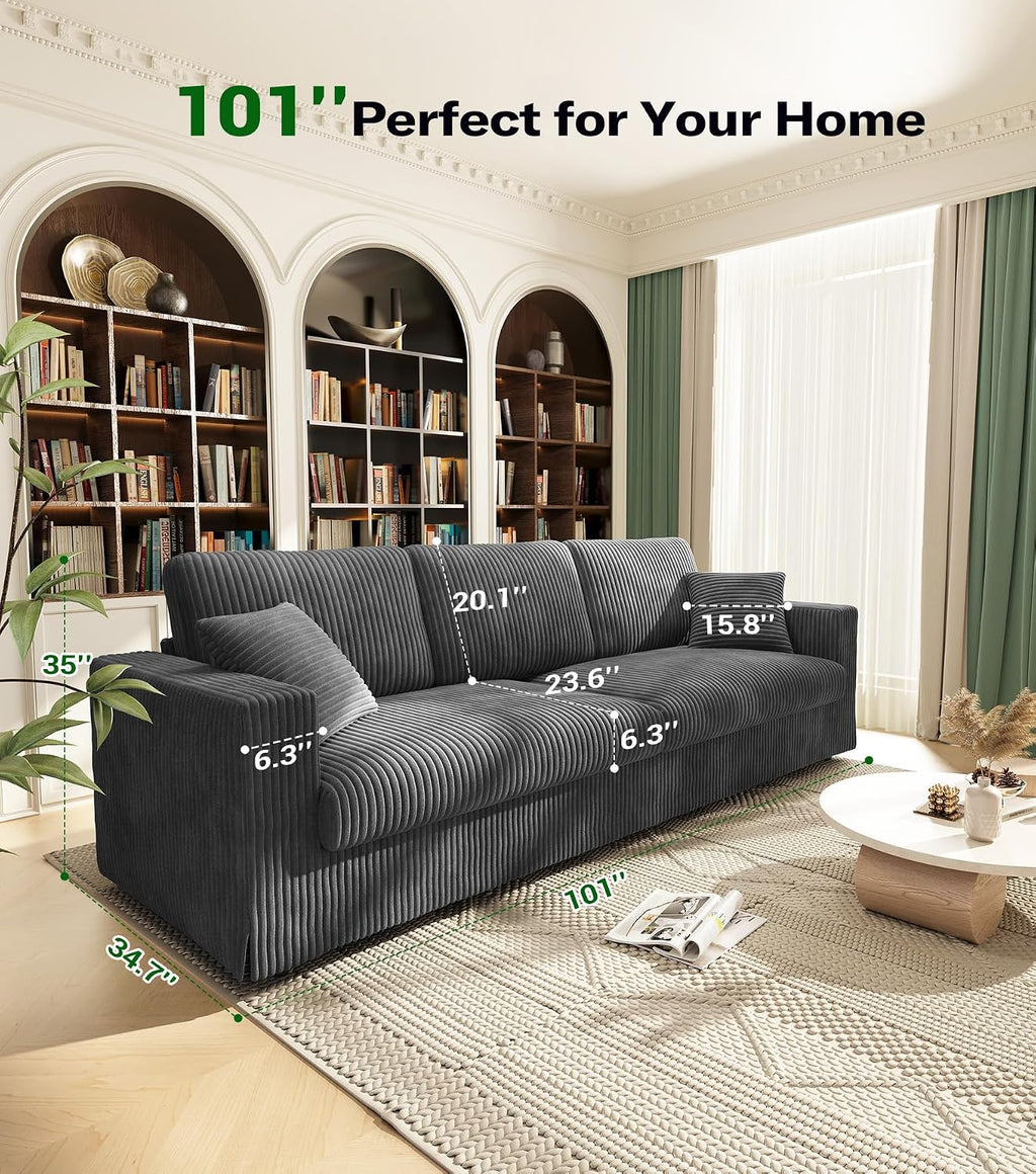 Welzona Corduroy Sofa Couch, 101' Comfy Couches for Living Room, Classic Grey | 24' Extra Deep Seat, Tool-Free Sofas, All-Wood Loveseat, 2 Pillows Included, 850lbs Load-bearing