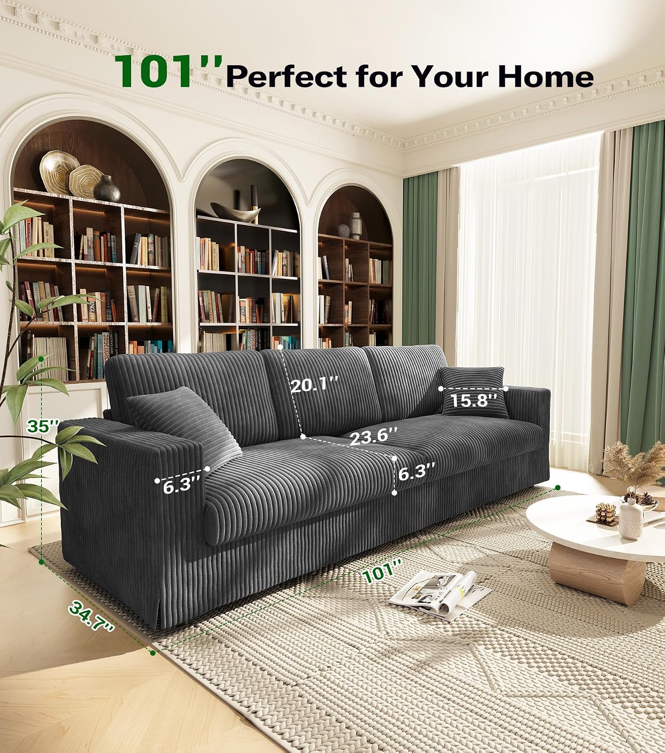 Welzona Corduroy Sofa Couch, 101' Comfy Couches for Living Room, Classic Grey | 24' Extra Deep Seat, Tool-Free Sofas, All-Wood Loveseat, 2 Pillows Included, 850lbs Load-bearing