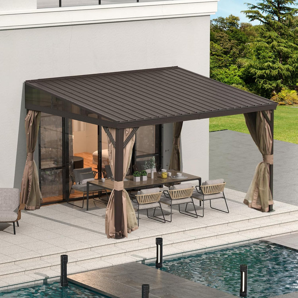 Domi 12x14FT Lean to Gazebo, Hardtop Wall Mounted Gazebo with Sloping Galvanized Steel Roof, Wall Pergola with Aluminum Frame, Curtains and Netting, for Patio, Deck, Garden, Backyard