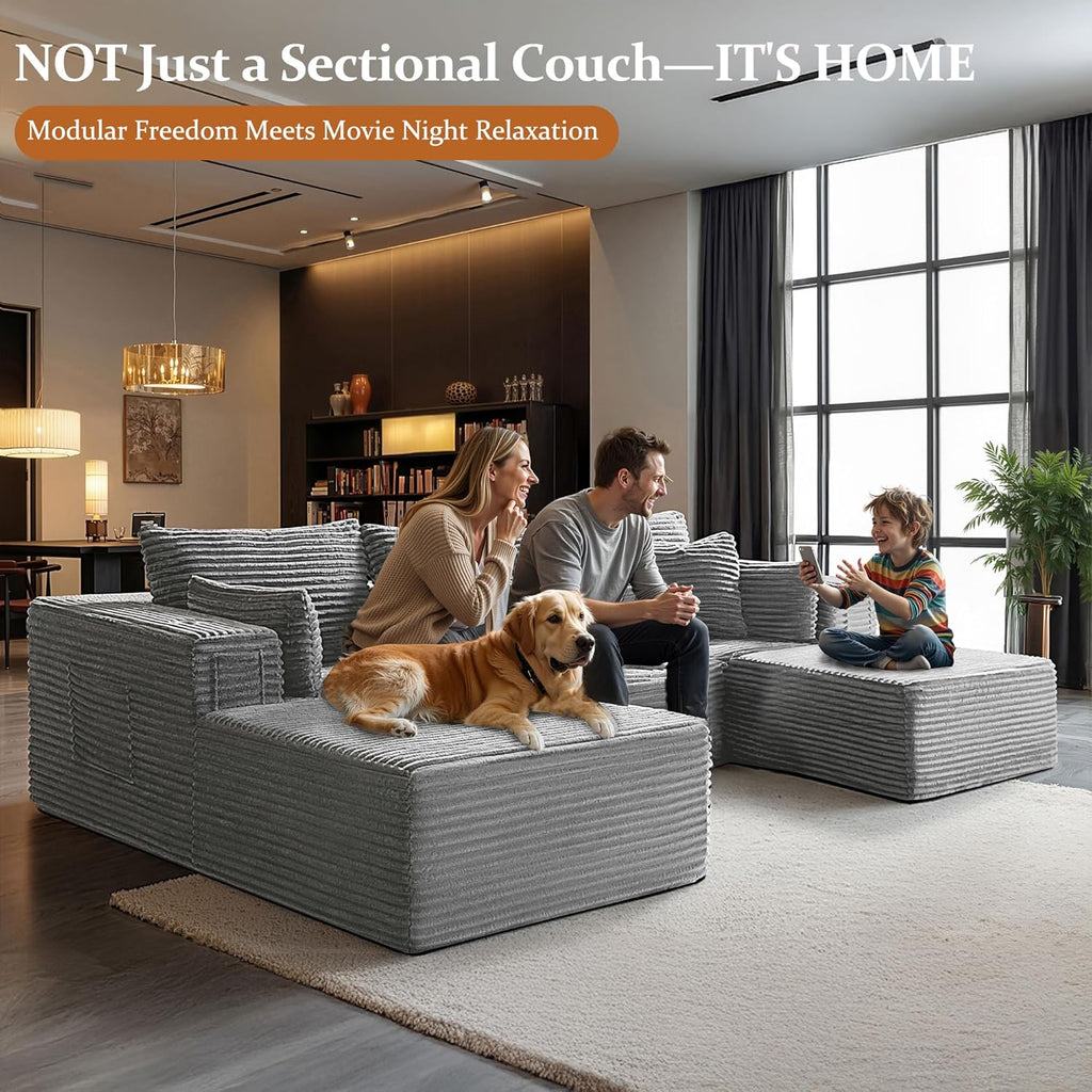 108' Cloud Sectional Couch, Comfort U Shaped Boneless Couch for Living Room, Extra Deep Seats No Assembly, Modular Sofa, Corduroy (Light Grey, 2 Seater+Right Facing Chaise+Ottoman)