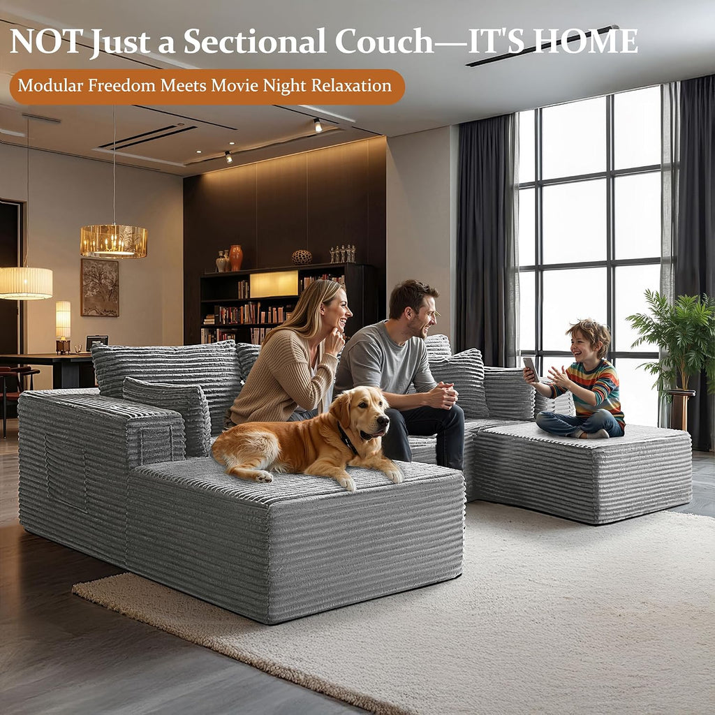 108' Cloud Sectional Couch, Comfort U Shaped Boneless Couch for Living Room, Extra Deep Seats No Assembly, Modular Sofa, Corduroy (Light Grey, 2 Seater+Right Facing Chaise+Ottoman)