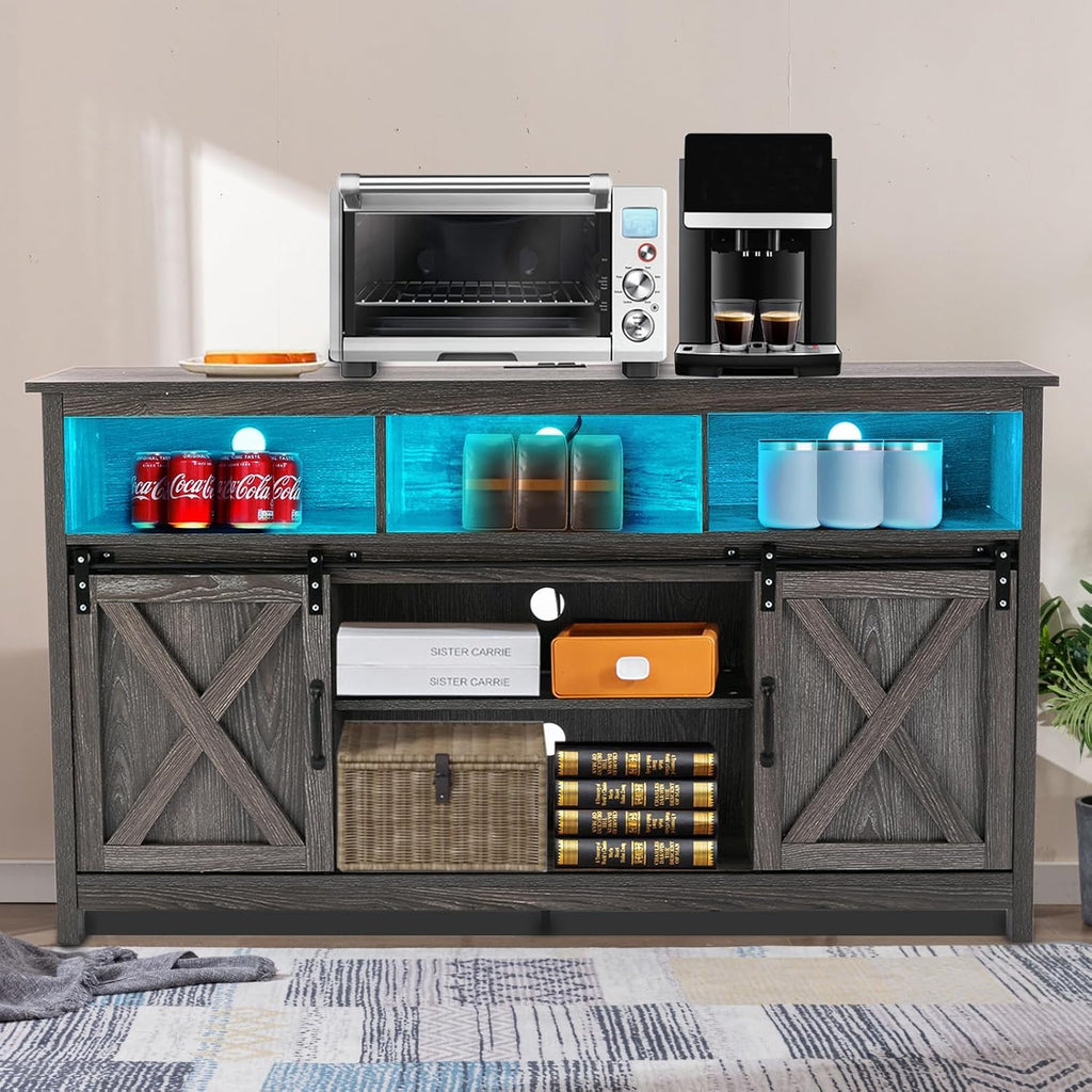 Vinctik 6&Fox 57In Wooden Farmhouse Entertainment Center for 60/65 inch TV,Double Layer Storage Farmhouse TV Stand,Double-Row Sockets with Wood Sliding Barn Door TV Stand(Double Layer Grey Wash)