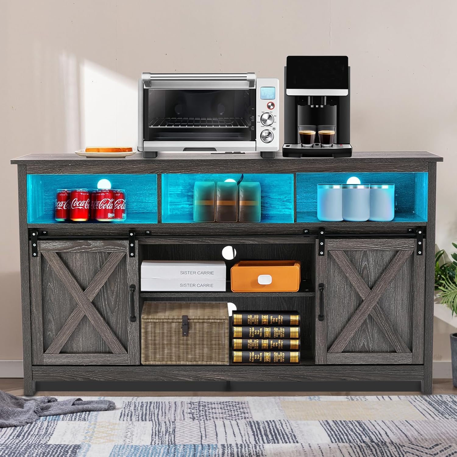 Vinctik 6&Fox 57In Wooden Farmhouse Entertainment Center for 60/65 inch TV,Double Layer Storage Farmhouse TV Stand,Double-Row Sockets with Wood Sliding Barn Door TV Stand(Double Layer Grey Wash)