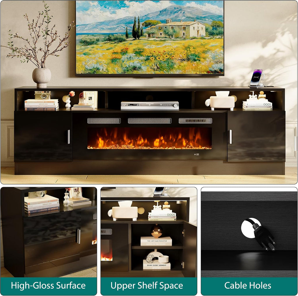 oneinmil 78' Fireplace TV Stand with Power Outlet for TVs Up to 90', Electric Fireplace Entertainment Center with LED Lights & Storage Cabinets, Media Console Table for Living Room