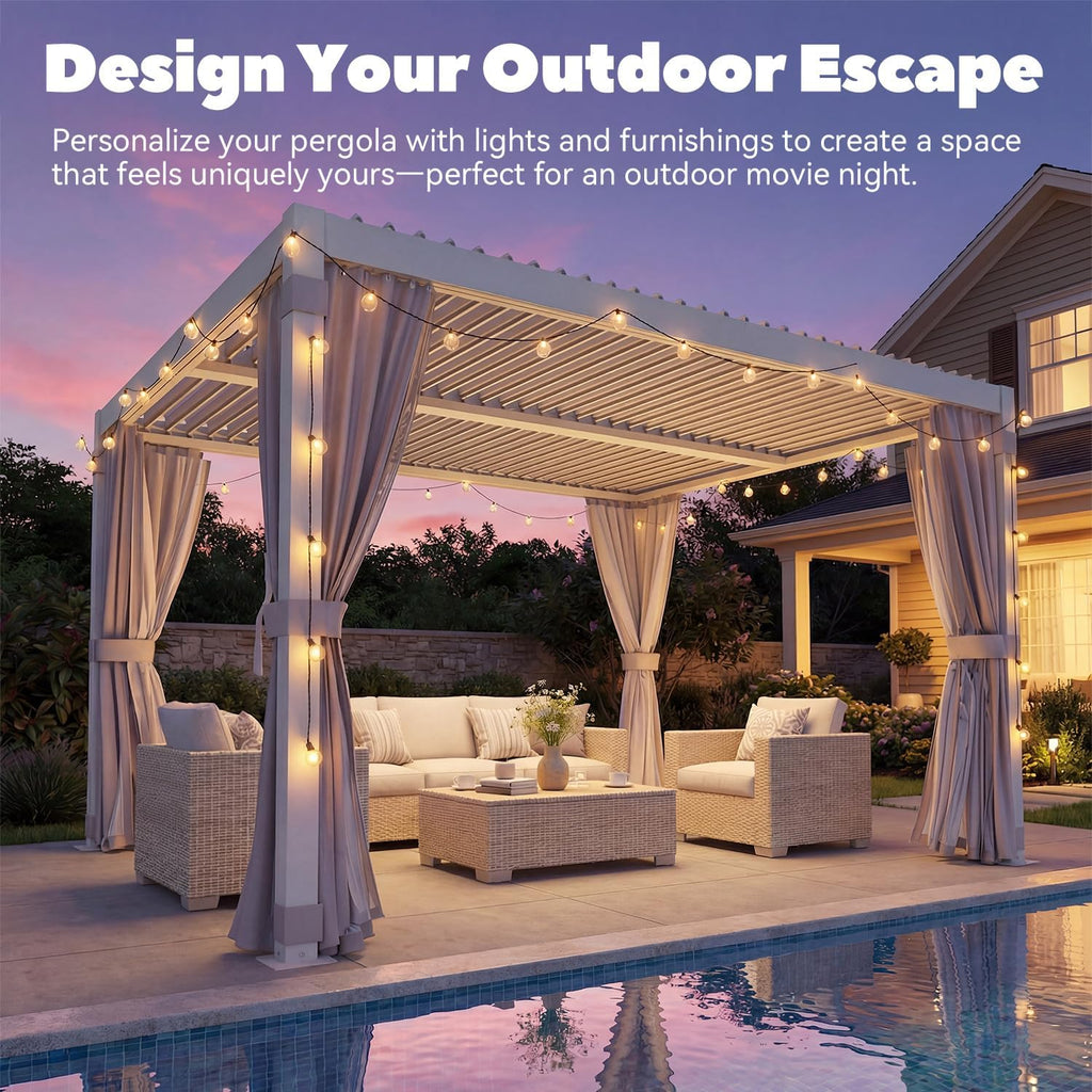 MELLCOM Louvered Pergola 10x12, Outdoor Rustproof Shelter with Adjustable Roof, Steel Aluminum Gazebo with Waterproof Curtains and Netting for Patio Deck, White