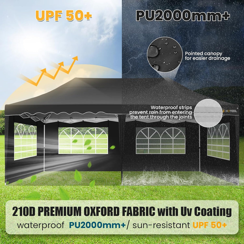 HOTEEL 10x20 Pop up Canopy Tent with 6 Removable Sidewalls, Wave Hem Roof 10x20 Canopy with Wheel Bag and 4 Sandbag, Commercial Pop up Tent Waterproof Sunshade for Market Wedding Party Stall (Black)