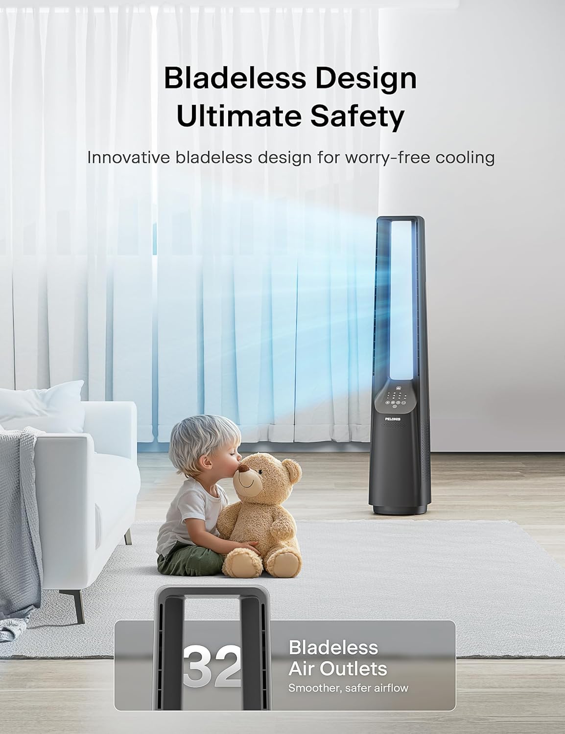 PELONIS 40' Smart Bladeless Fan for Bedrrom - Tower Fan, Alexa/Google/WiFi, DC Motor, 6 Speeds, 4 Modes, Remote, 7H Timer, 90° Oscillation, Safe for Home and Office