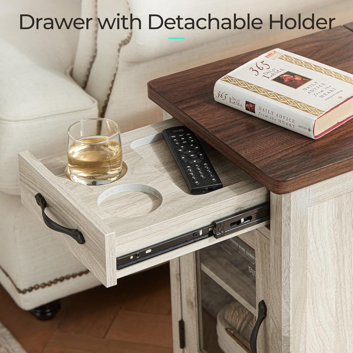 LINSY HOME Farmhouse End Table with Charging Station, Narrow Side Table for Living Room, Sofa Side Table with Drawer and Storage Cabinet, Small Nightstand for Home Office