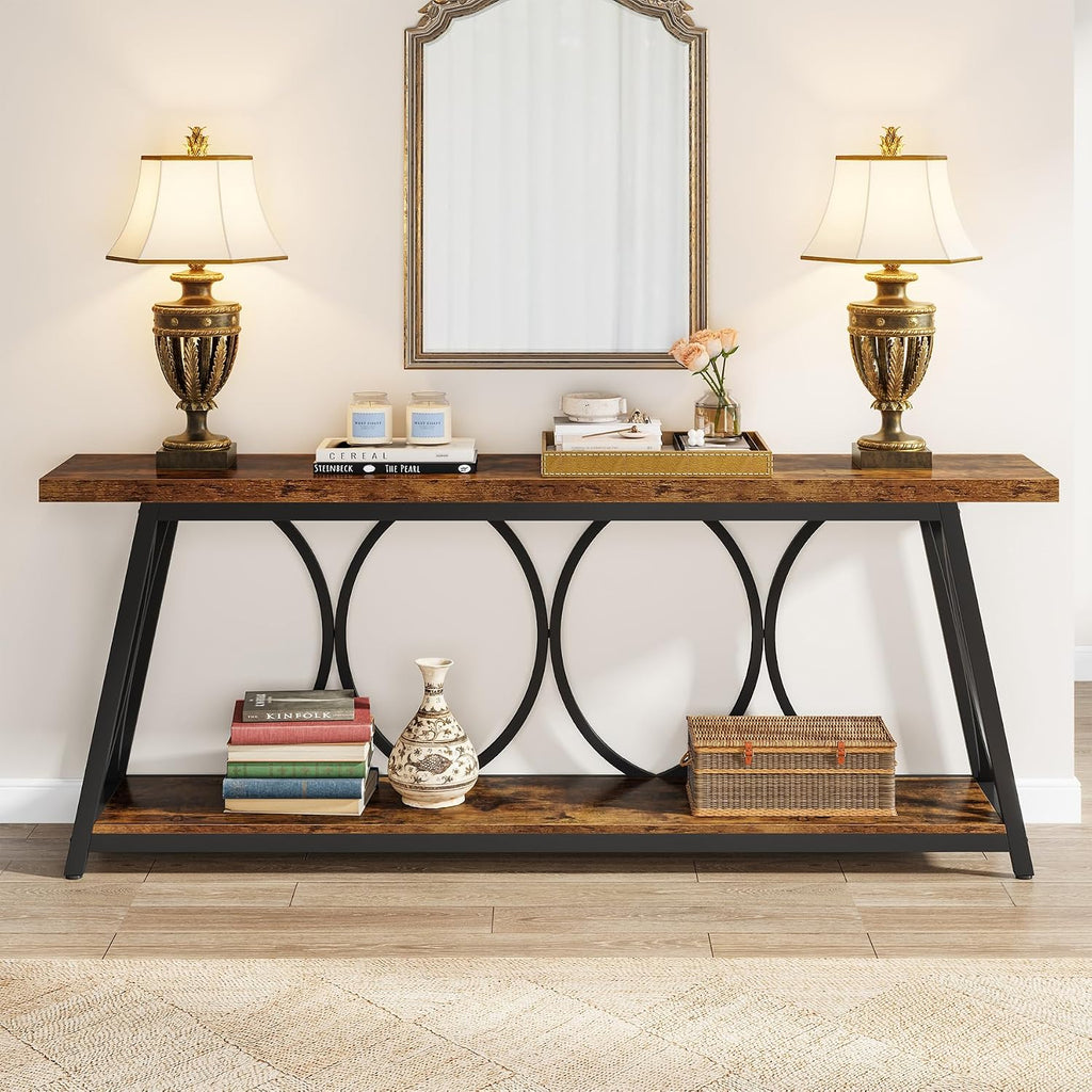 Tribesigns 70.9 inch Extra Long Console Table, Industrial Sofa Table Behind Couch with 2 Tier Storage Shelf, Narrow Entryway Hallway Accent Table for Living Room, Rustic Brown