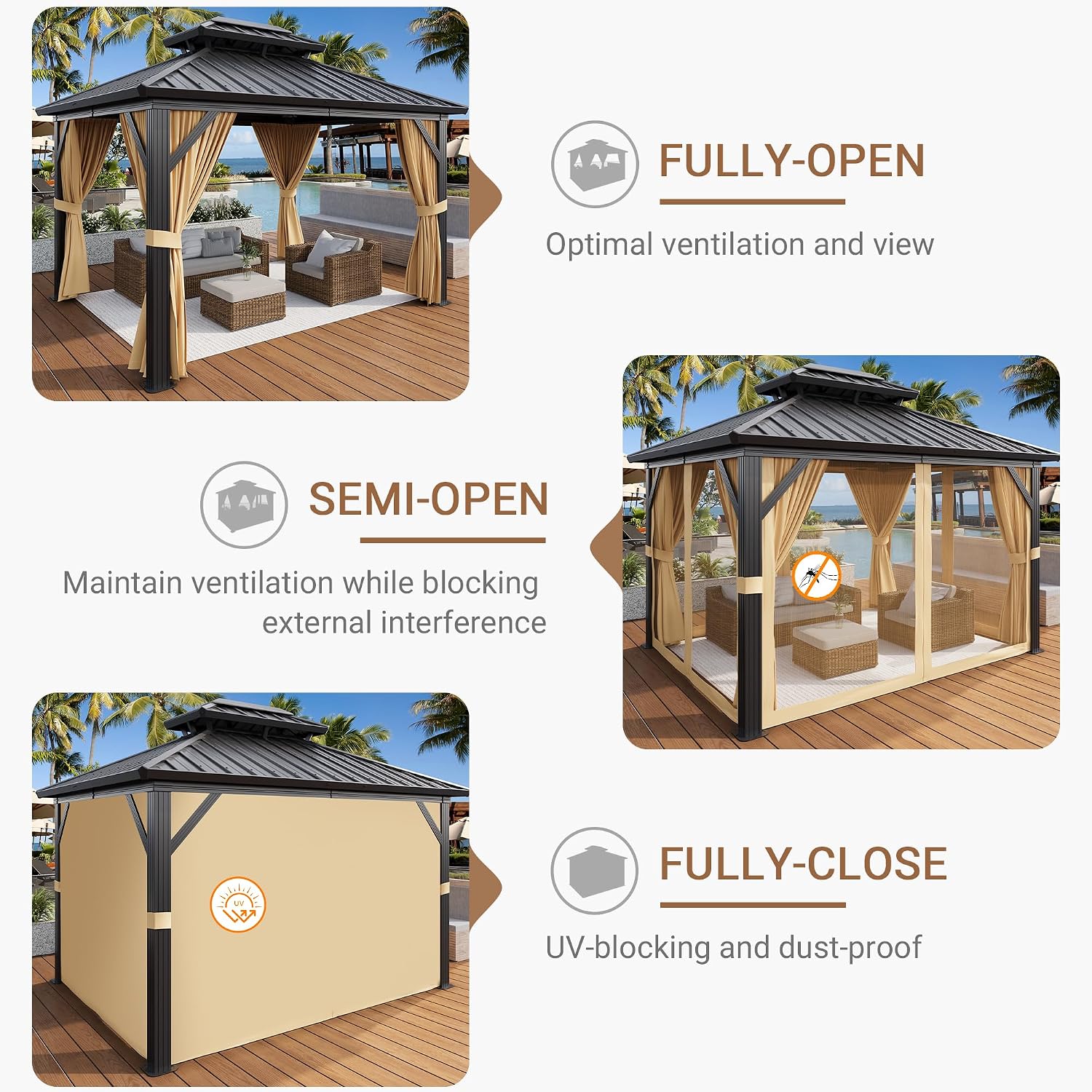 10 x 12 FT Hardtop Gazebo, Heavy Duty Aluminum Frame Gazebo with Double Roof, Permanent Building with Curtains and Netting for Backyard, Deck, Lawns, Khaki