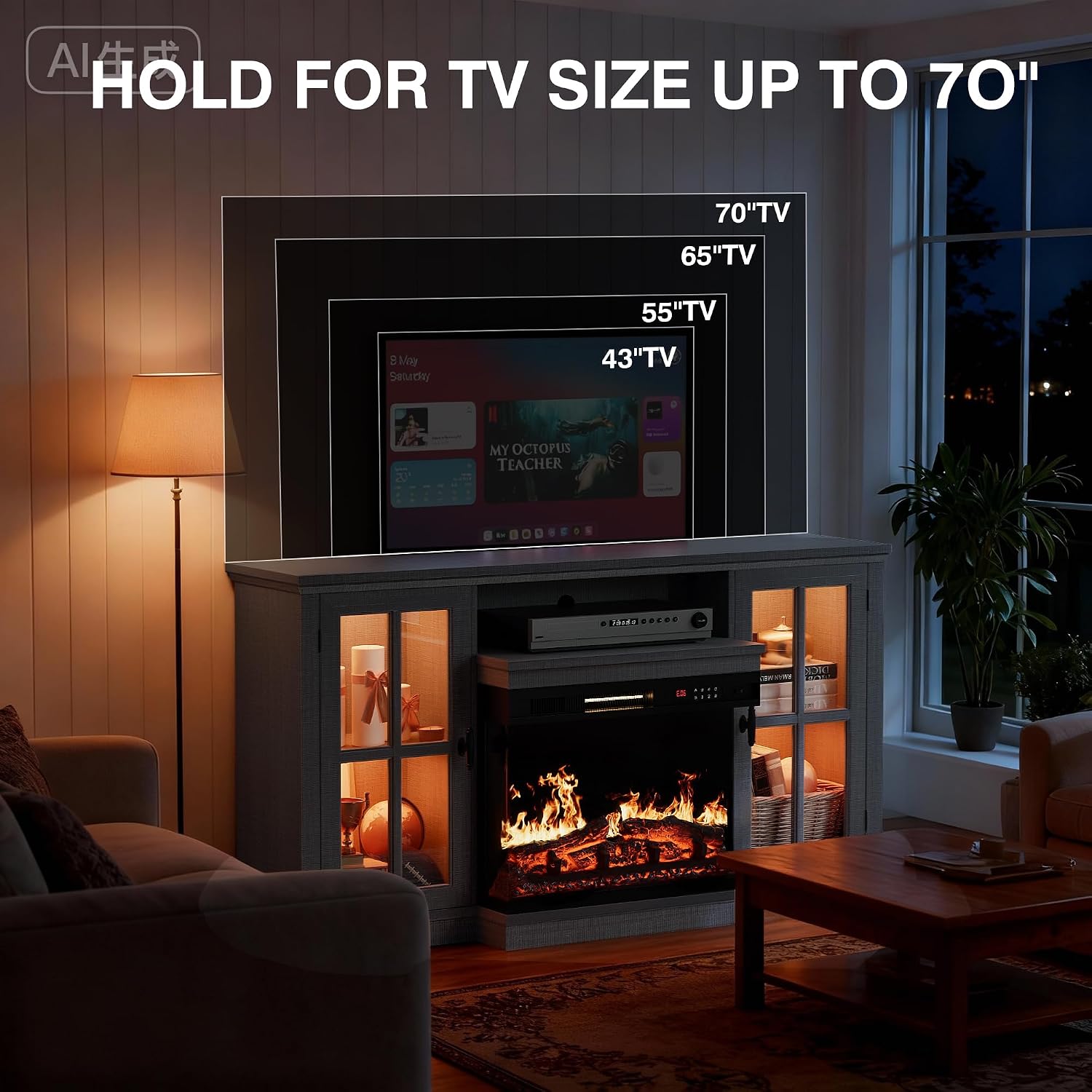 YESHOMY Glass Fireplace TV Stand for Televisions up to 65', Media Entertainment Center Console Table with Led Lights, Light Grey