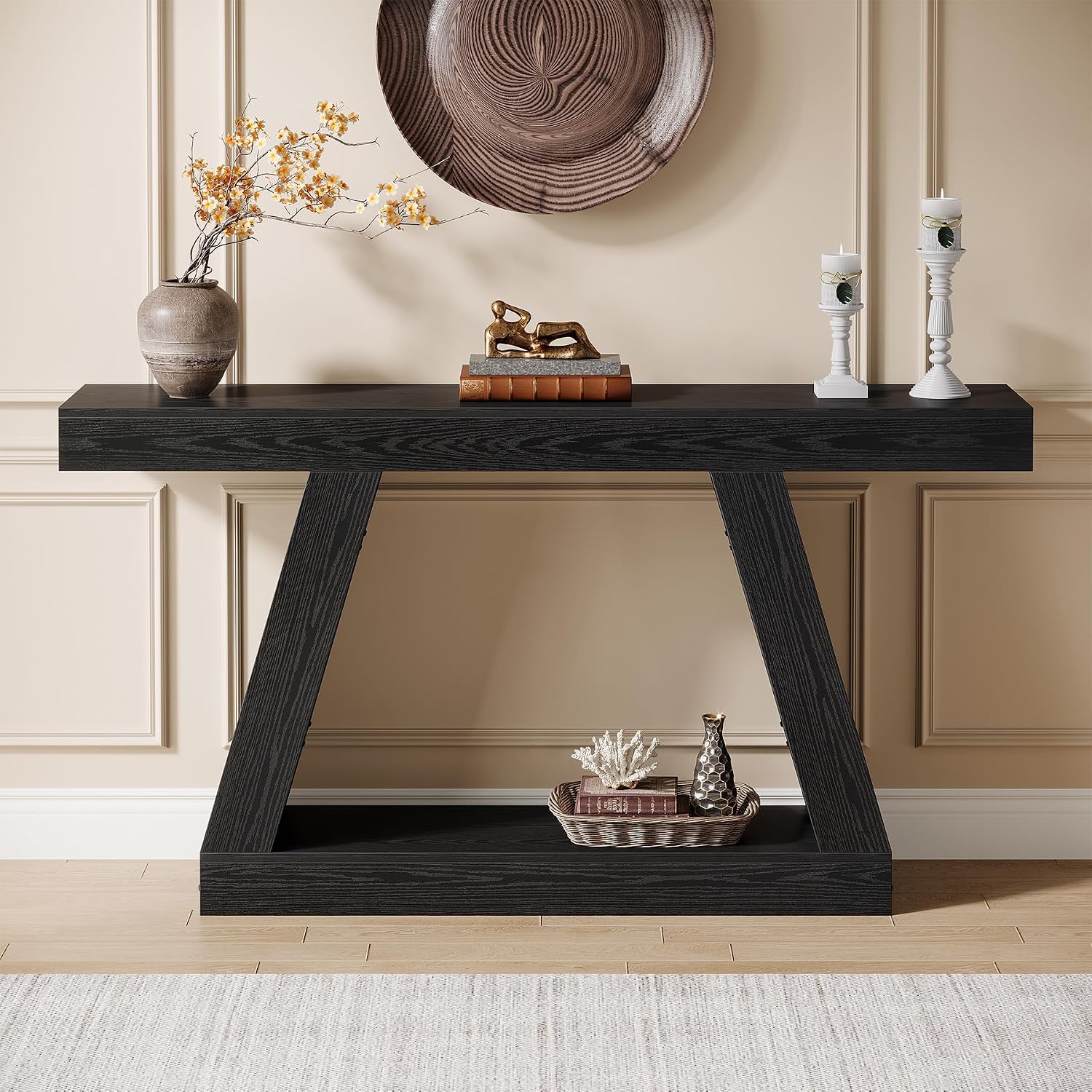 Tribesigns Farmhouse Console Table, 55-Inch Rustic Sofa Table with Storage, Industrial Wooden Entryway Table for Hallway, Living Room, Black