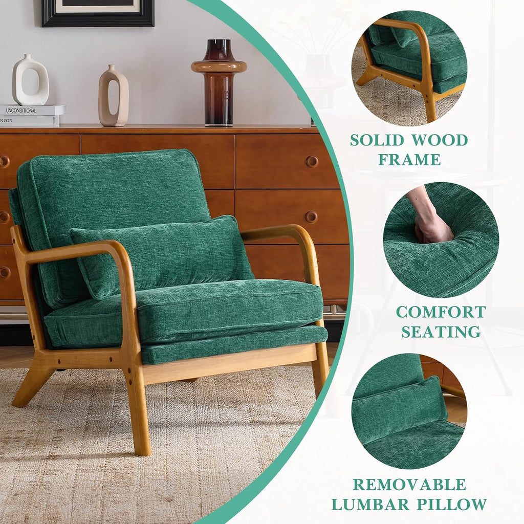 Karl home Mid Century Modern Accent Chair with Lumbar Pillow & Oak Arms – Plush Chenille Living Room Chair for Bedroom, Lounge (Dark Green)