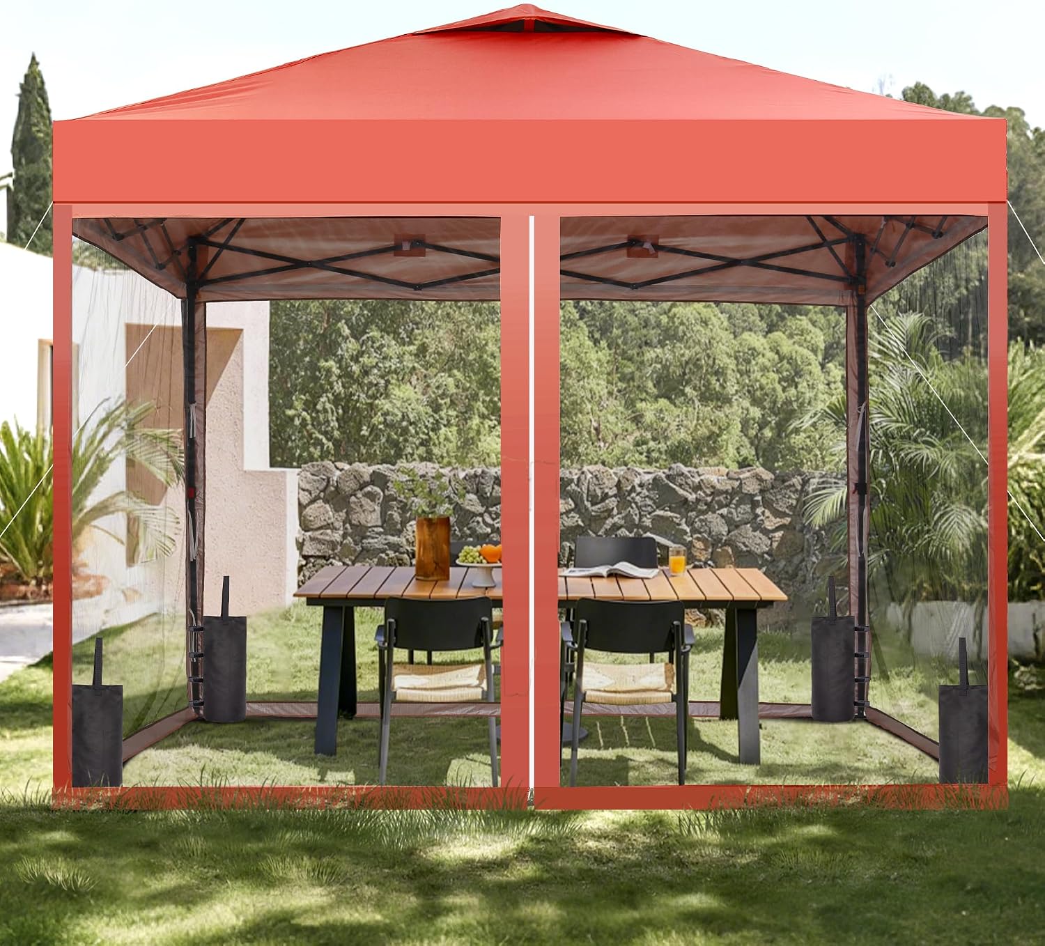 GDY 10x10 Pop up Canopy Tent with Mosquito Netting, Easy up Gazebo for Patio, Camping and Garden, Includes 4 Sandbags, Red