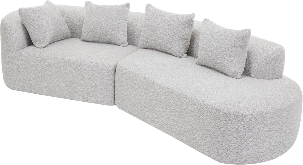 Merax 116' Curved Polyester Sectional Sofa, Modern Pearl Upholstery 3 Seat Cloud Couch with Chaise Lounge & 4 Pillows for Living Room, White+Gray