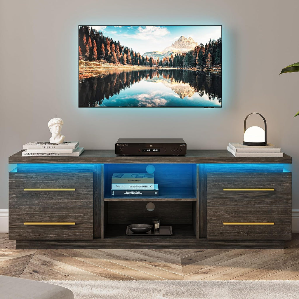 BELLEZE 66' TV Stand for TVs Up to 75', Entertainment Center with Music Sync LED Lights, Media Console Table Storage Cabinet with Open Shelves & Drawers for Living Room, Bedroom - Hawthorn (Brown)
