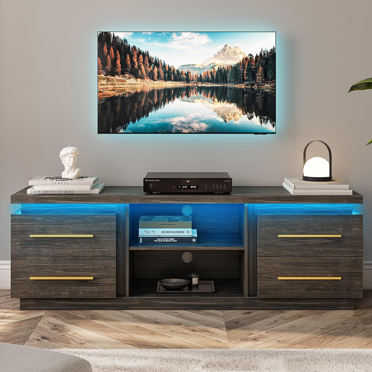 BELLEZE 66' TV Stand for TVs Up to 75', Entertainment Center with Music Sync LED Lights, Media Console Table Storage Cabinet with Open Shelves & Drawers for Living Room, Bedroom - Hawthorn (Brown)