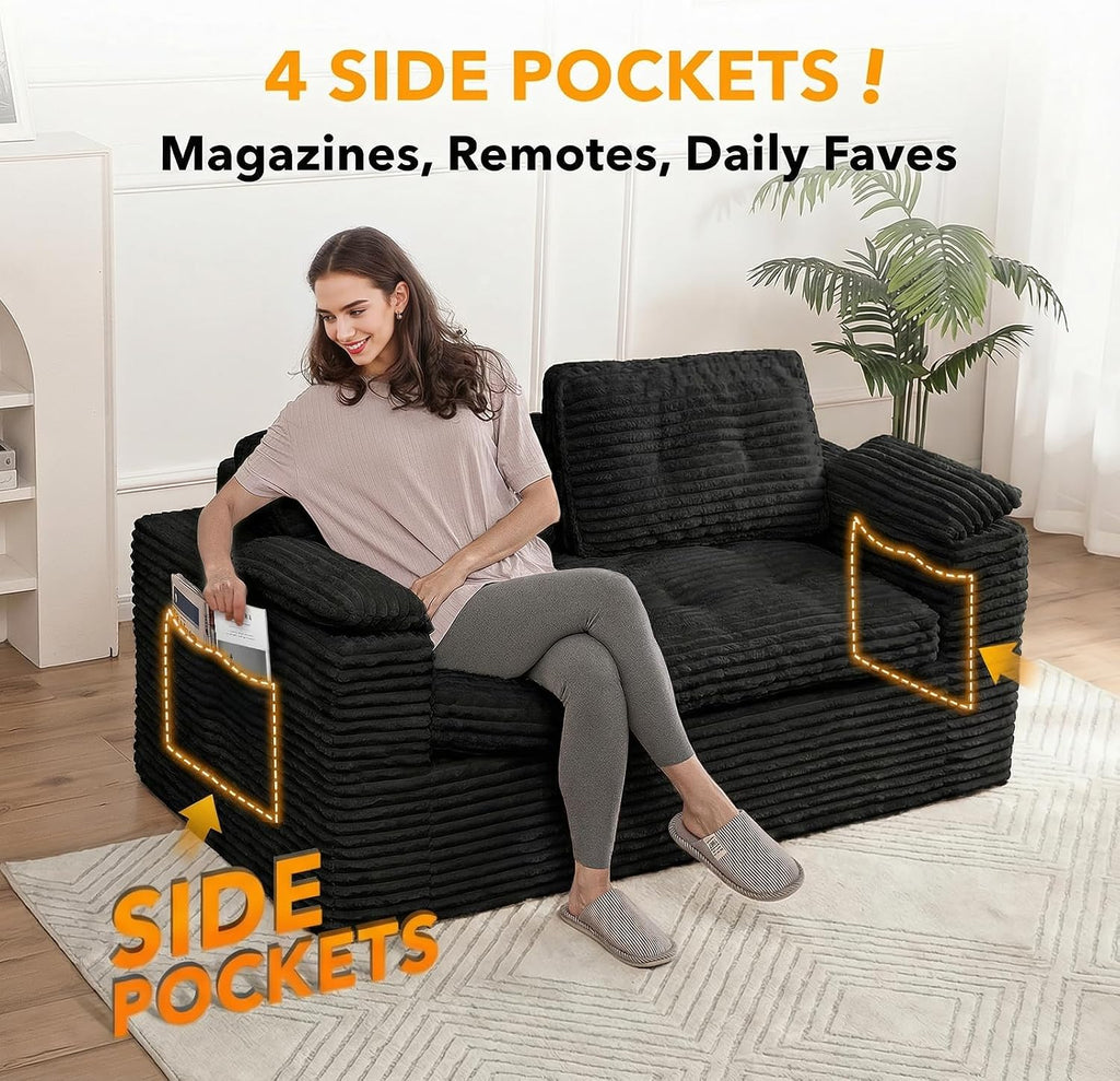Boneless Loveseat Sofa, 60in Cloud Couch Sofa for Living Room 2 Seater Modern Lounge Sleeper Couch with Removable Cover Corduroy with Armrest, Seat Cushion & Pillows for Small Spaces, Black