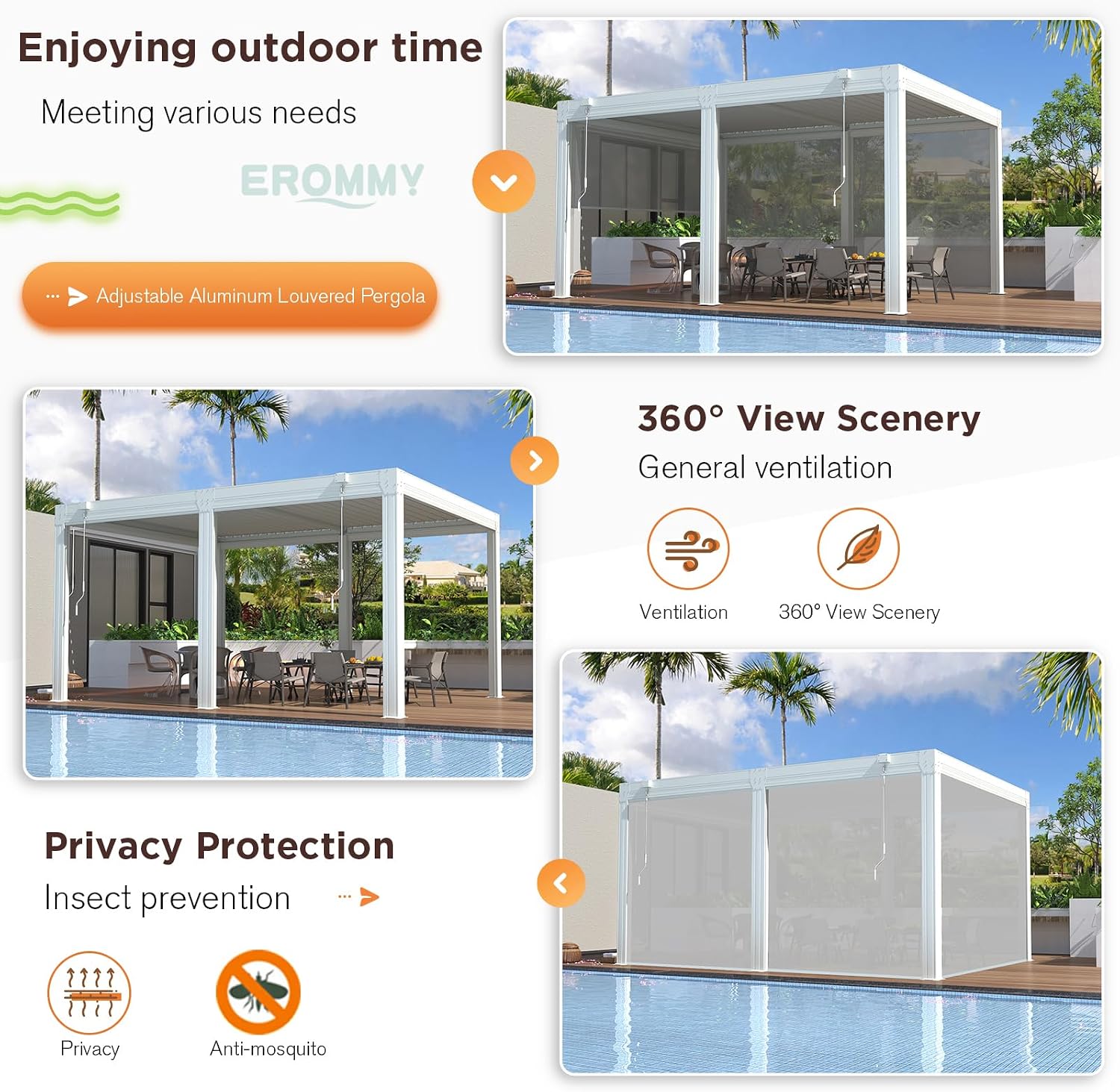 EROMMY 12x16 Louvered Pergola with Side Pull-Down Screen, Outdoor Aluminum Pergola with Thickened Frame and Adjustable Metal Rainproof Roof for Deck Patio Garden Yard, White