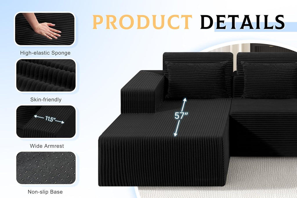 Homguava Modular Sectional Couches for Living Room,105' Cloud Couch with L-Shape Chaise,Comfy Sofa Living Room Sofas with Deep Seat,No Assembly L Couch,Corduroy Fabric(Black,L)