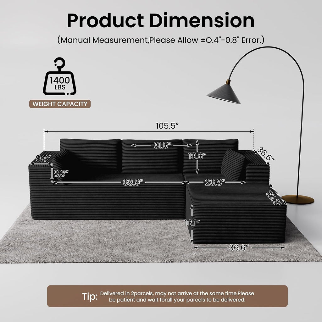 106' Cloud Sectional Boneless Couches for Living Room, Modular L Shaped Couch with Deep Seat Oversized Right Facing Chaise, Memory Foam Compressed Spineless 3 Seater Sofa for Apartment, Black
