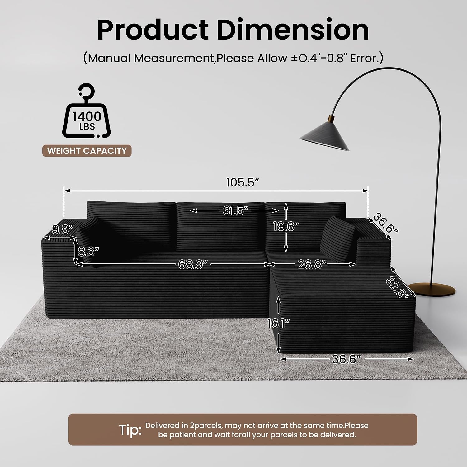 106' Cloud Sectional Boneless Couches for Living Room, Modular L Shaped Couch with Deep Seat Oversized Right Facing Chaise, Memory Foam Compressed Spineless 3 Seater Sofa for Apartment, Black