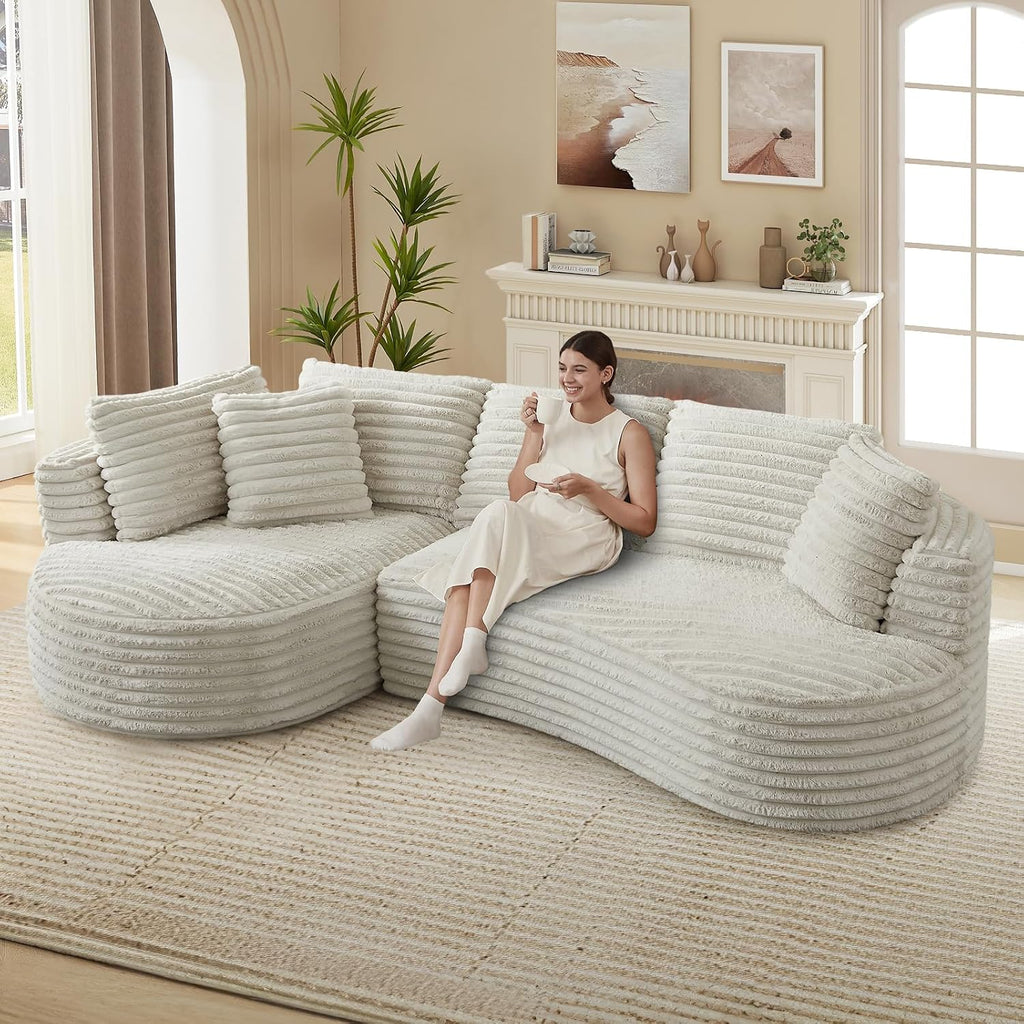 120'W Oversized Modern Curved Cloud Couch,Corduroy Modular Sectional Sofa with Chaise, L Shaped Boneless Couch, Compression Foam Sofa for Living Room Bedroom, No Assembly Required(Left Facing, Cream)