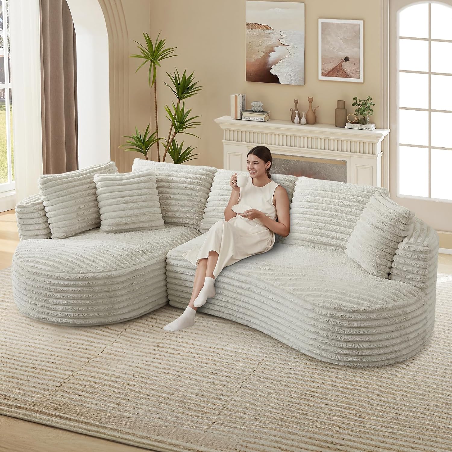 120'W Oversized Modern Curved Cloud Couch,Corduroy Modular Sectional Sofa with Chaise, L Shaped Boneless Couch, Compression Foam Sofa for Living Room Bedroom, No Assembly Required(Left Facing, Cream)