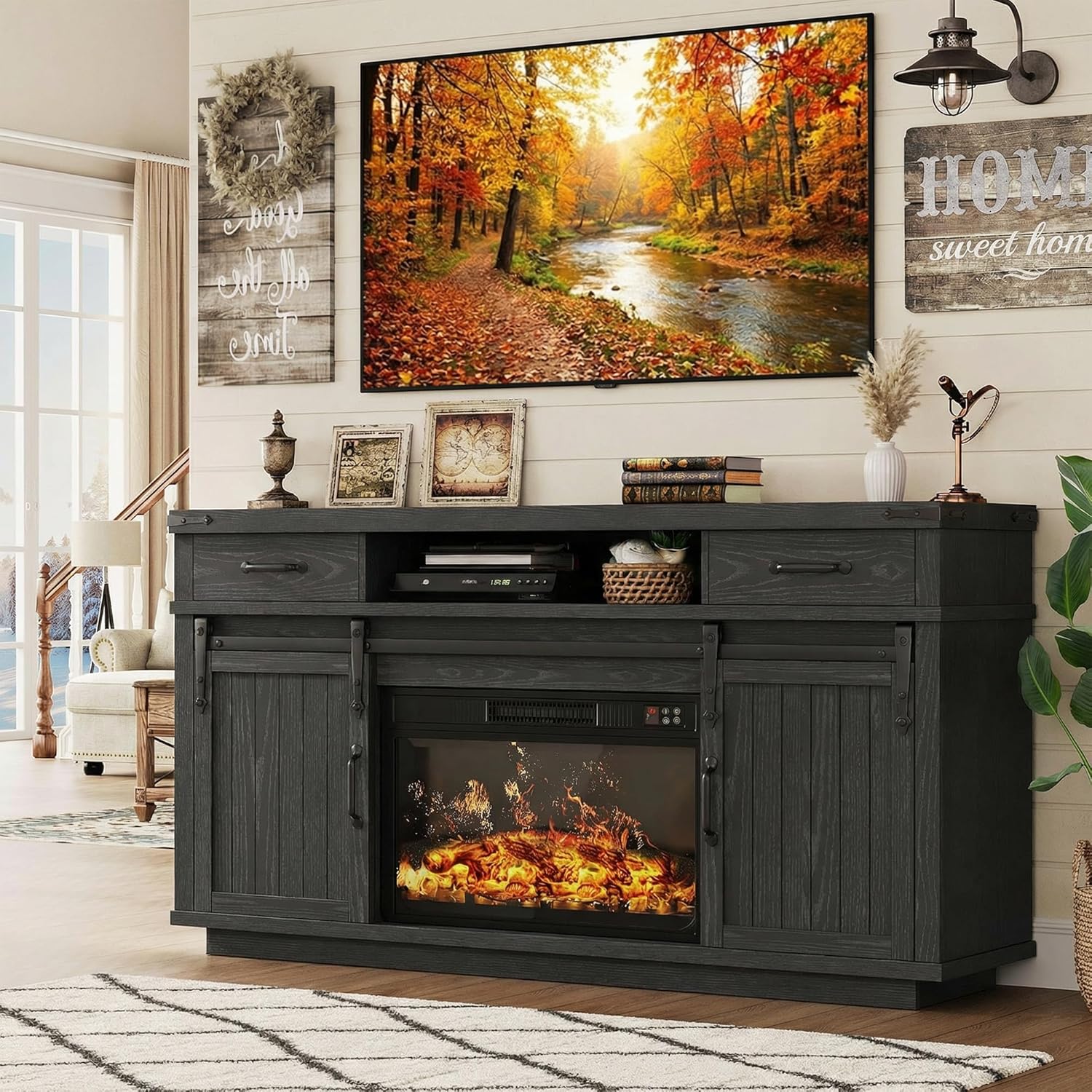 Fireplace TV Stand for TVs up to 65', Electric Fireplace with 3D Flame, Farmhouse LED Light Entertainment Center with Sliding Barn Door, Media Console with Storage Cabinets for Living Room (Black)