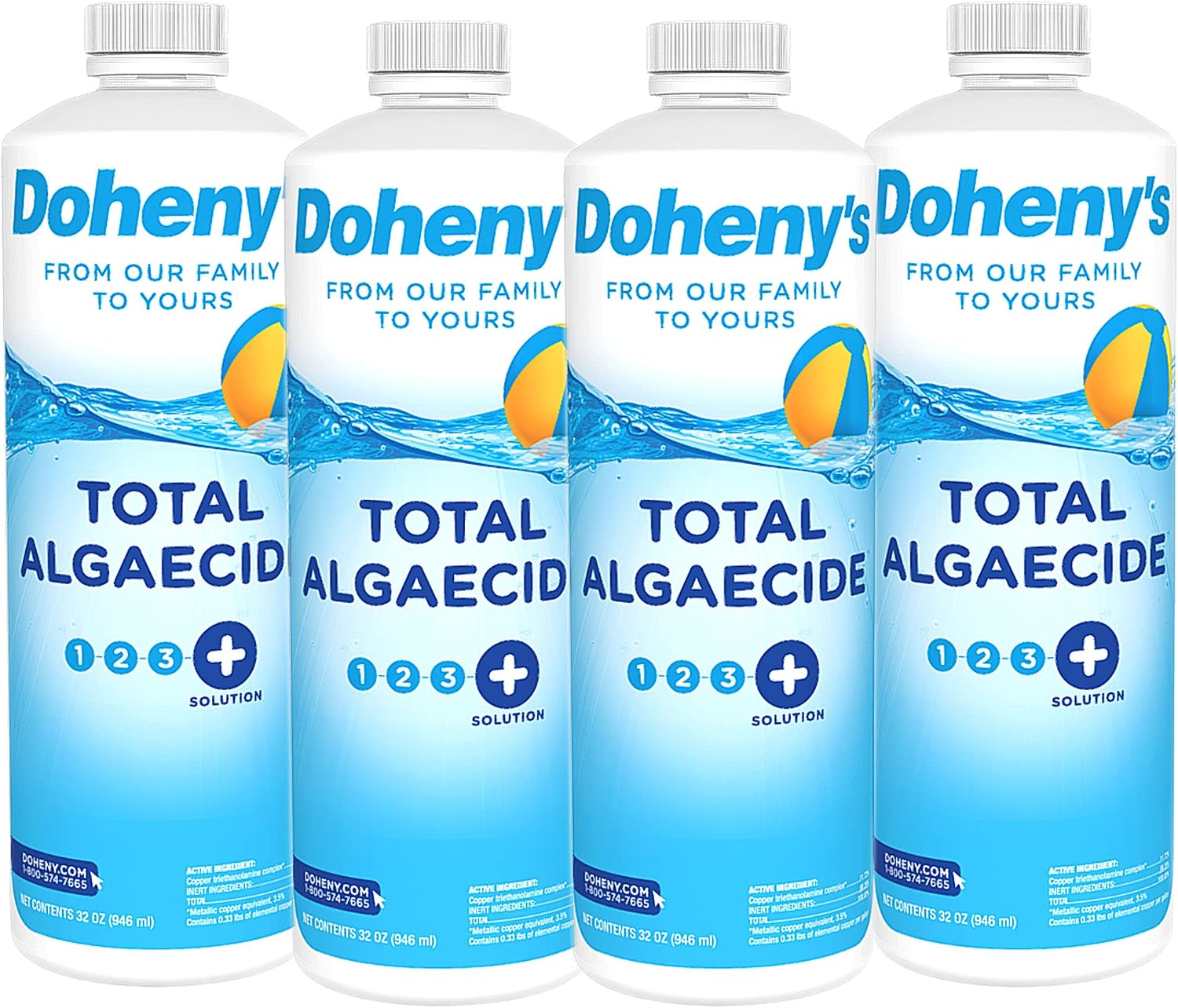 Doheny's Total Algaecide | 100% Professional-Grade | Extra Strength & Effective Against All Types of Algae | Non-Foaming & Non-Staining Formula | 90-Day Prevention | Set of (4) - 32 Ounce Bottles