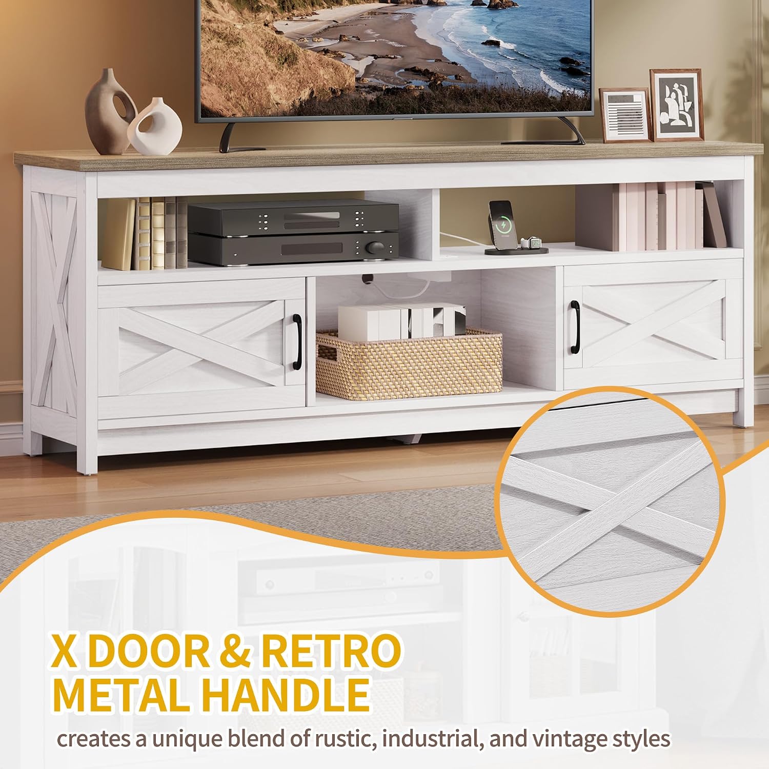 DWVO TV Stand for 75 Inch TV with Power Outlets, Farmhouse Entertainment Center with Storage Cabinets, Rustic TV Cabinet Media Console Table for Living Room, White