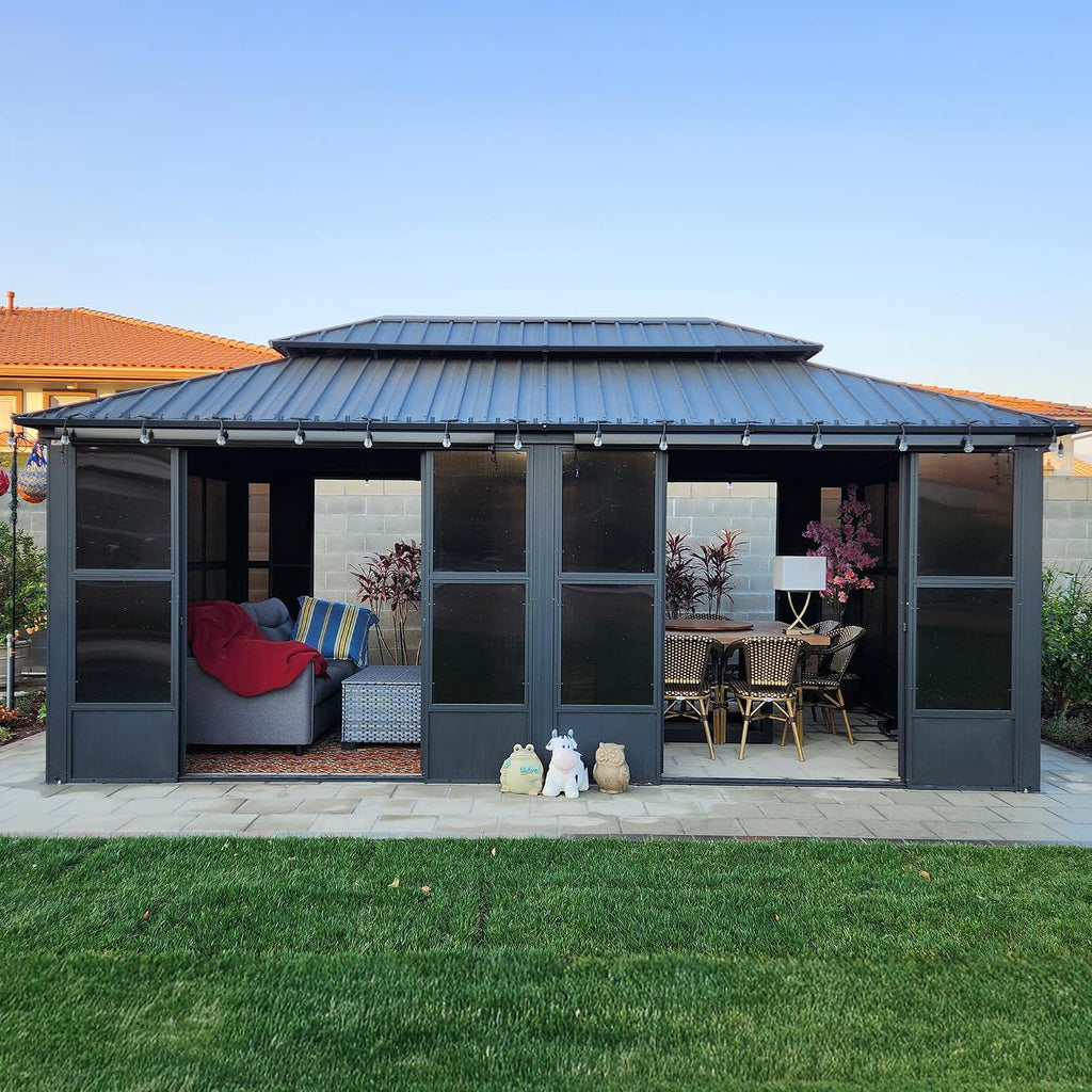 PURPLE LEAF 12' X 20' Solarium Permanent Hardtop Gazebo Galvanized Steel Double Roof Aluminum Outdoor Enclosed Gazebo for Lawn Deck Backyard Grey