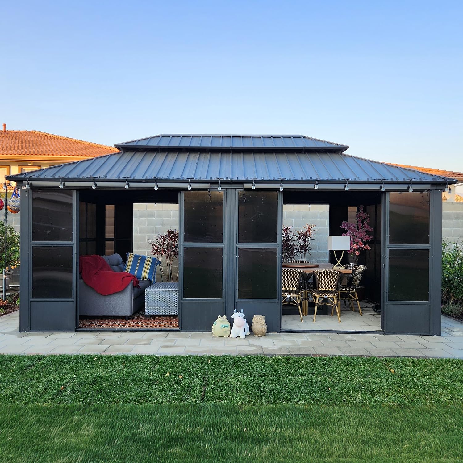 PURPLE LEAF 12' X 20' Solarium Permanent Hardtop Gazebo Galvanized Steel Double Roof Aluminum Outdoor Enclosed Gazebo for Lawn Deck Backyard Grey